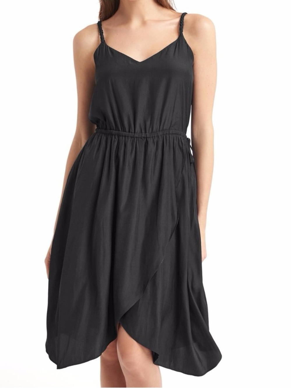 GAP NWT V-Neck Cami Swing Dress Solid Black Sleeveless Wrap Midi Braided Straps